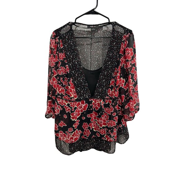 Style & Co. Floral Sheer V-Neck 3/4 Sleeve Blouse Black Red Sz 18 Camisole Boho - Picture 1 of 11